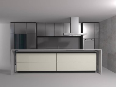 3 boyutlu yeni paslanmaz çelik mutfak tasarımı. 