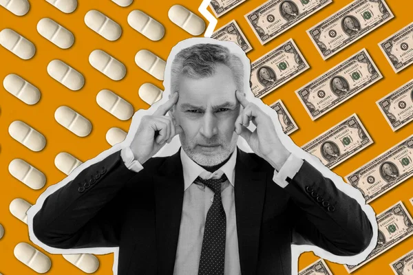 Economic impact of COVID-19. Mature businessman feeling depressed, touching temples with fingers while standing against yellow background with banknotes and pills. Coronavirus crisis. Web banner