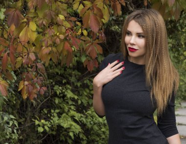 gri bir sonbahar parkta güzel sarışın Kız Giydir