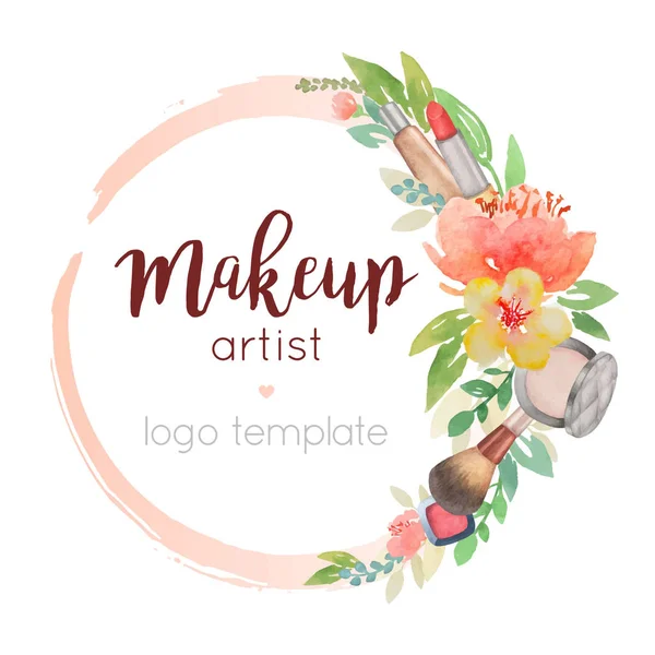 Maquiagem artista aquarela logotipo modelo com decoração de flores —  Vetores de Stock