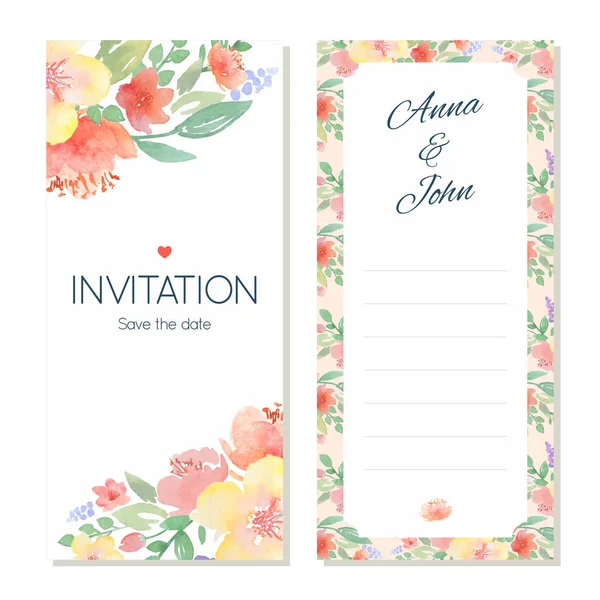 Aquarel bloemen bruiloft uitnodiging kaartsjabloon — Stockvector