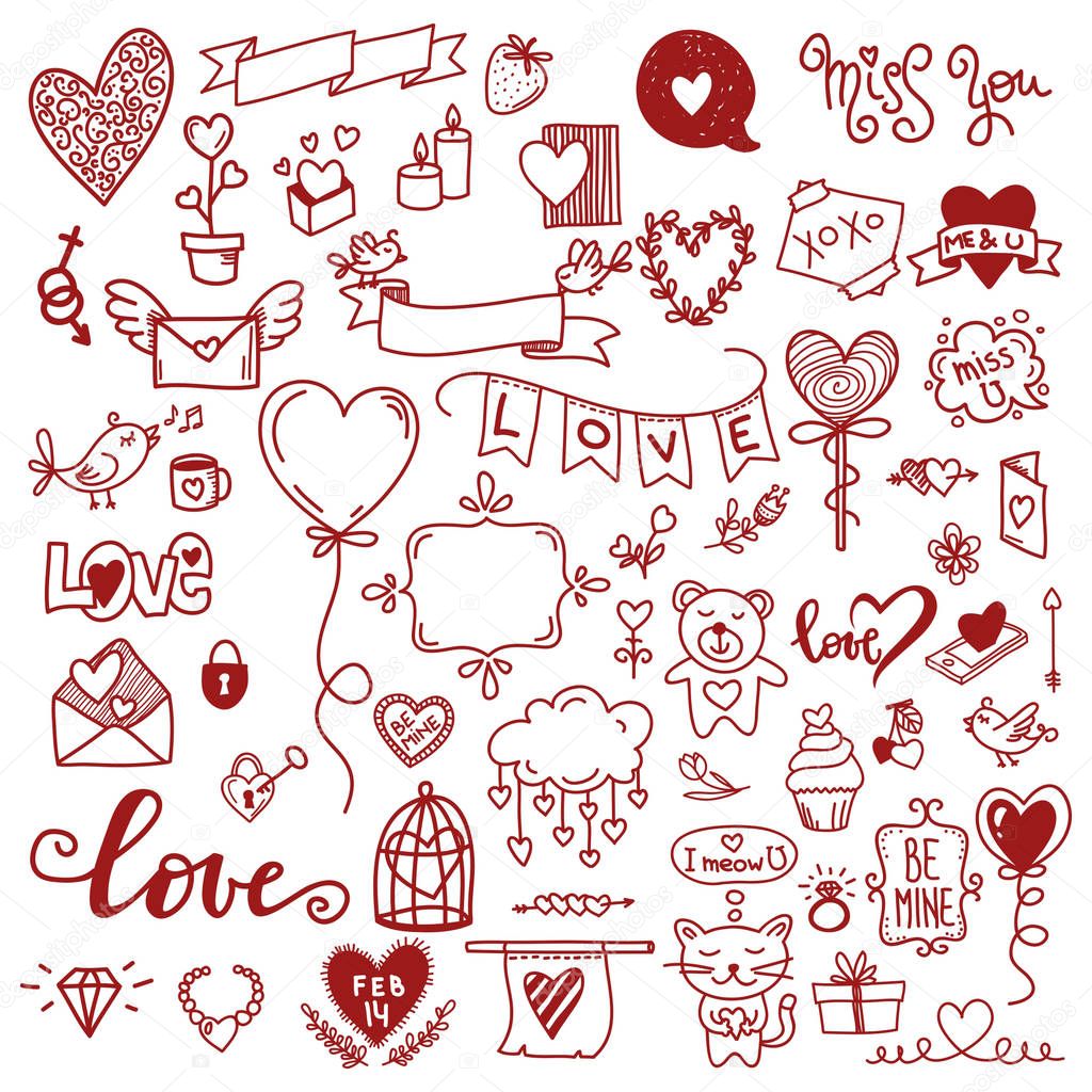 Valentines day doodles flower decoration, lettering, frames, arr