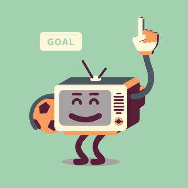 Futbol / futbol karakter Retro stili. TV elinde topla. Gol kutluyor Fan. 