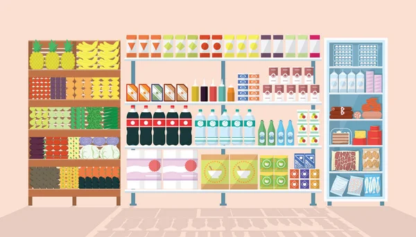 Almacene los estantes y el refrigerador llenos de comida y mercancías. Estilo plano Vector Ilustración — Archivo Imágenes Vectoriales