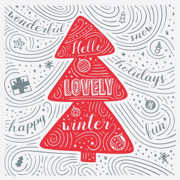 Winter Card. The Lettering - Hello Lovely Winter. New Year / Christmas Design. Handwritten Swirl Pattern. — Stock Vector
