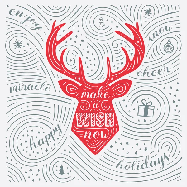 Winter Card. The Lettering - Make A Wish Now. New Year / Christmas Design. Handwritten Swirl Pattern. — Stock Vector
