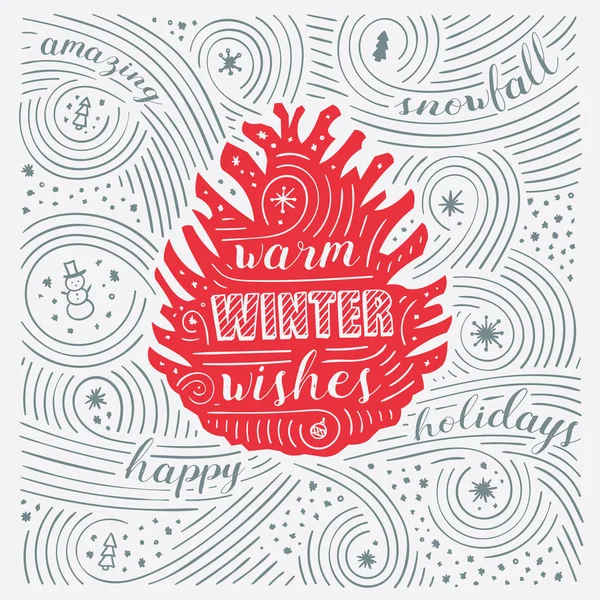 Winter Card. The Lettering - Warm Winter Wishes. New Year / Christmas Design. Handwritten Swirl Pattern. — Stock Vector