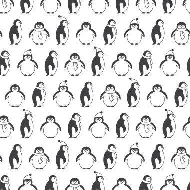 Penguenler şapka ve atkı ile Seamless modeli. Siyah ve beyaz kış vektör çizim.