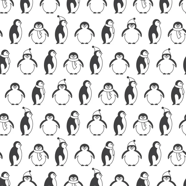 Wzór z pingwinami w kapelusz i szalik. Czarno-biały ilustracja wektorowa zima. — Wektor stockowy