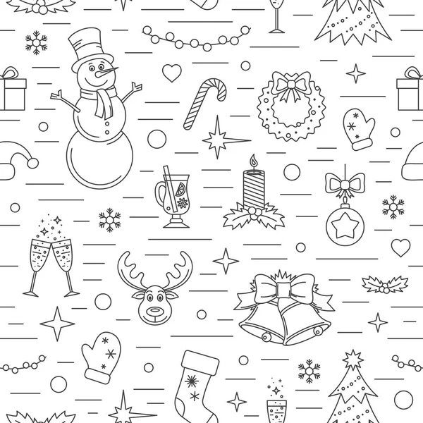 Modello di celebrazione di Natale. Molti Capodanno, Natale e simboli invernali su sfondo bianco. Illustrazione vettoriale stile linea . — Vettoriale Stock