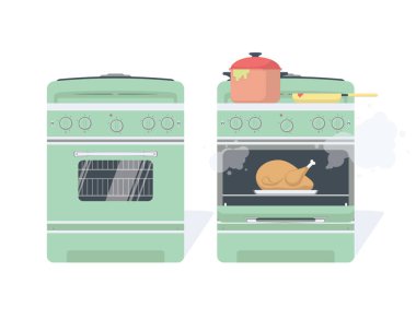 Vintage yeşil kapalı ve açılan gaz sobası yemek hazırlama ile. Vektör çizim