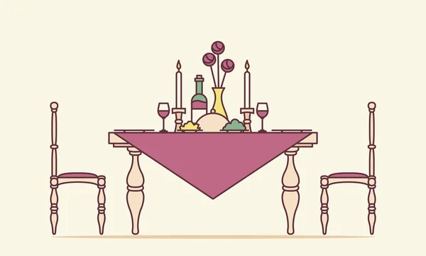 Romantisk datum. Middagsbord med ljus. Flat Line Art Style vektorillustration. — Stock vektor