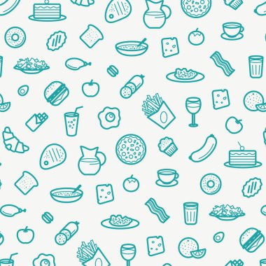 Dikişsiz desen ile satır simgeler, gıda gibi sosis, kek, çörek, kruvasan, pastırma, kekler, kahve, salata vb..
