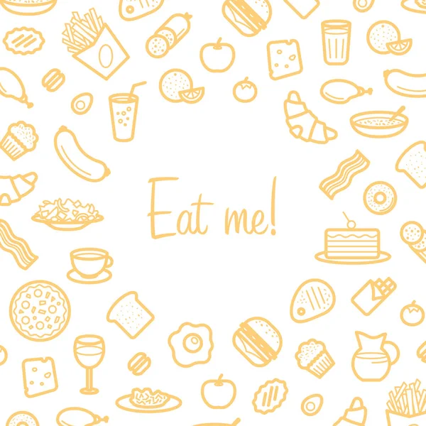 Background With Line Icons of Food Like Sausage, Cake, Donut, Croissant, Bacon, Muffins, Coffee, Salad etc. Card "Eat Me". — Stock Vector