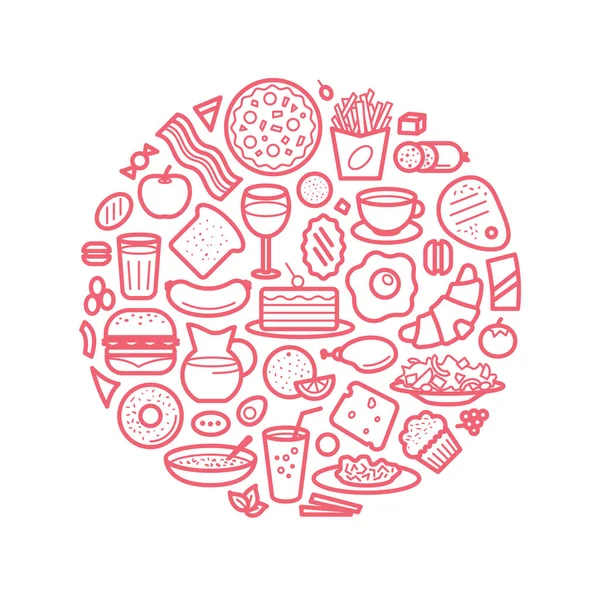 Предпосылки / контекст With Line Icons of Food Like Sausage, Cake, Donut, Croissant, Bacon, Muffins, Coffee, Salad etc. . — стоковый вектор