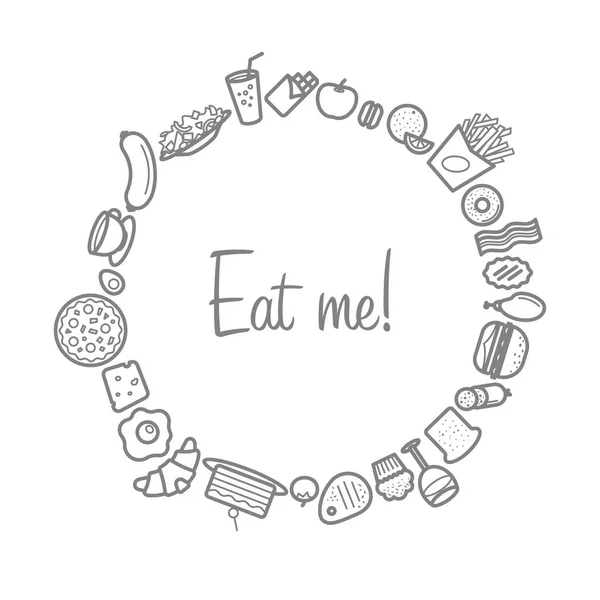 Tło z linii ikony z jedzenie jak kiełbasa, ciasto, Pączek, rogalik, boczek, babeczki, Kawa, sałatki itp. Karta "Eat Me". — Wektor stockowy