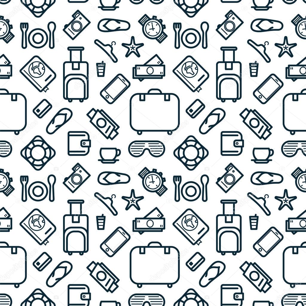 Seamless Pattern of Icons. Travel and Leisure Theme Background. Vector Illustration.