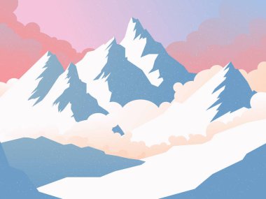 Bulutlar ile kış dağ manzara kartı. Vektör çizim