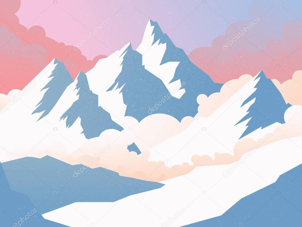 Winter Mountain Landscape Card With Clouds. Vector Illustration