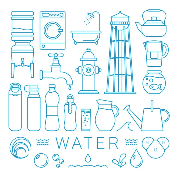 Water-elementen instellen In dunne lijnstijl. Vectorillustratie met symbolen. — Stockvector