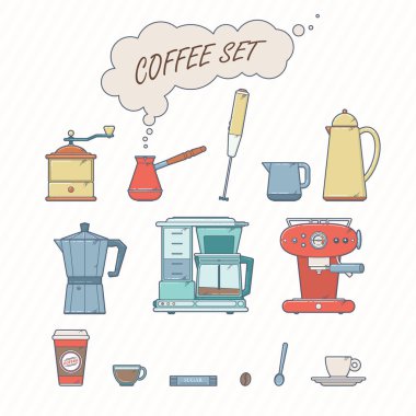 Kahve öğeleri ve kahve aksesuarları kümesi. Retro tarzı vektör çizim