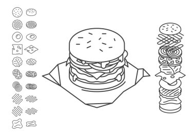 Çizgi stili sandviç malzemelerin üzerine yayılmış. Vektör çizim.