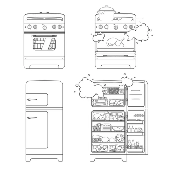Vintage kapalı ve açılan gaz sobası yemek ve buzdolabı hazırlanması ile yiyecek dolu. Çizgi sanatı stili. Vektör çizim