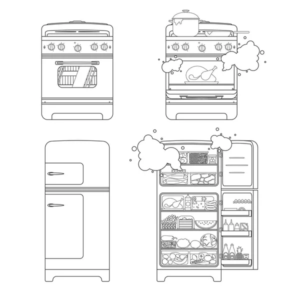 Vintage zárt és a nyitott gáztűzhely, előkészítése, étkezés és a hűtőszekrény teljes élelmiszer. Line Art stílus. Vektoros illusztráció Stock Illusztrációk