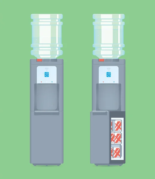 Grå vattenkylare med blå genomskinlig flaska med vatten. Öppna och Stäng kylskåp med burkar. Realistisk vektor — Stock vektor