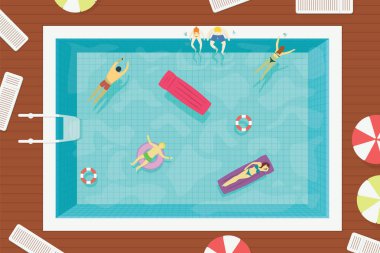 Yaz Yüzme Havuzu su insanlarla. Renkli yaz tatili