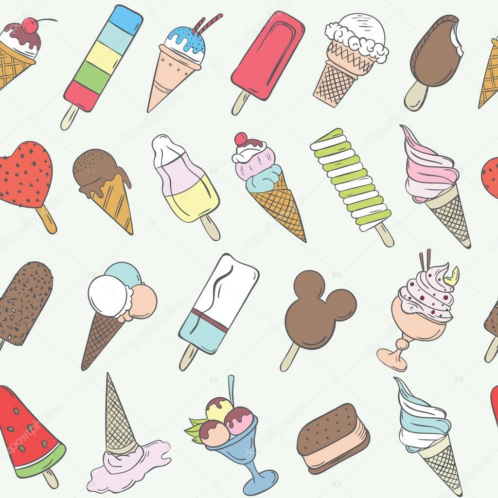 Summer colorful pattern with different kind ice cream in hand draw style.