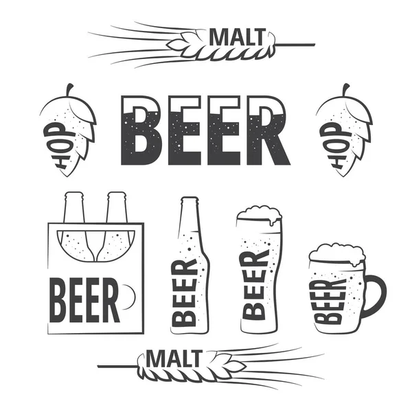 Conjunto de iconos temáticos de cerveza: vidrio, botella, lúpulo, malta . — Vector de stock