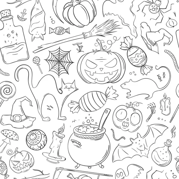 Seamless hand drawn pattern with Halloween attributes. Halloween theme for greeting card, wrapping paper, textiles. — Stock Vector