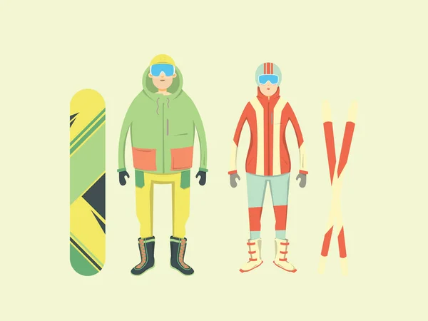 Deportes extremos de invierno y aventura en las montañas. Hombres y mujeres con tabla de snowboard y esquís . — Archivo Imágenes Vectoriales