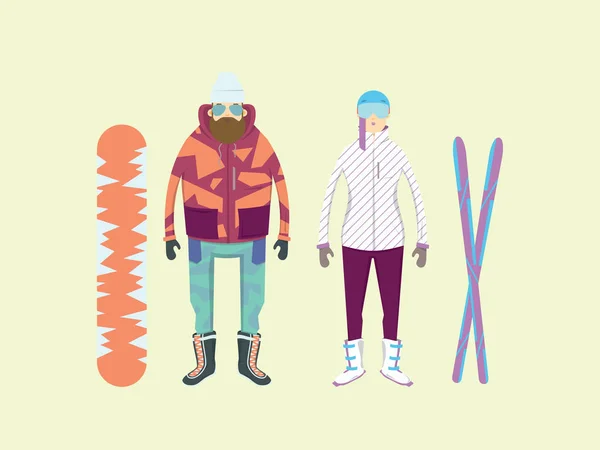 Sports d'hiver extrêmes et aventure en montagne. Hommes et femmes avec un snowboard et des skis . — Image vectorielle