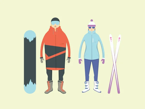 Deportes extremos de invierno y aventura en las montañas. Hombres y mujeres con tabla de snowboard y esquís . — Archivo Imágenes Vectoriales