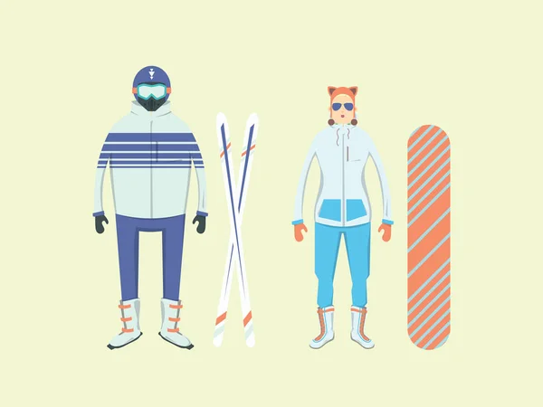 Deportes extremos de invierno y aventura en las montañas. Hombres y mujeres con tabla de snowboard y esquís . — Archivo Imágenes Vectoriales
