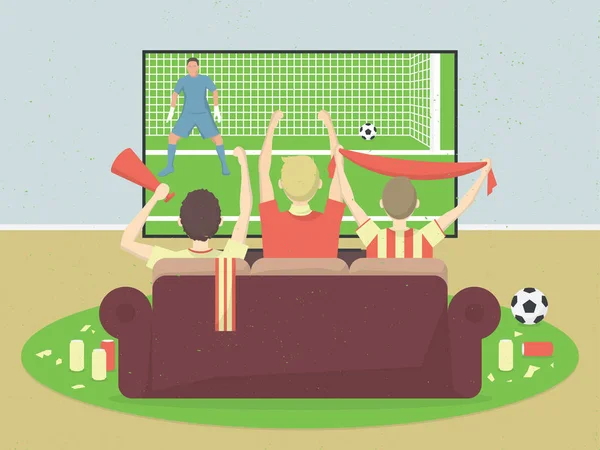Fotbal / fotbalové fanoušky týmu sledovat televizi s hrou, sedící na gauči. — Stockový vektor