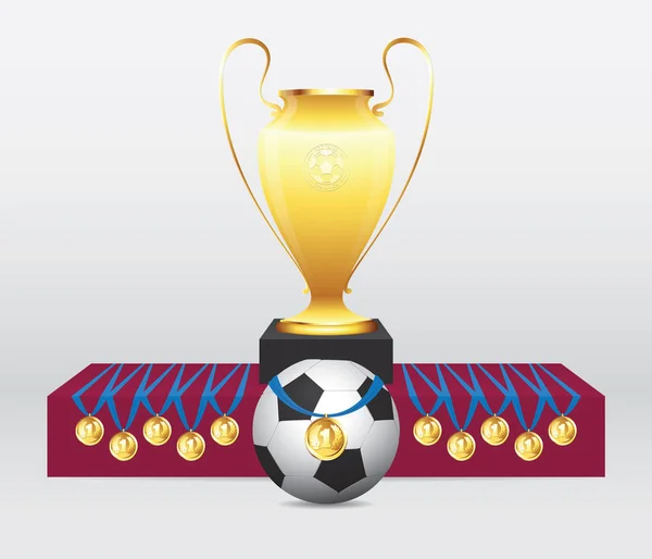 Voetbal / Soccer Ball met gouden medaille en Cup. Prijsuitreiking. — Stockvector