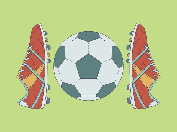Ποδόσφαιρο / Ποδόσφαιρο μπότες και μπάλα με περίγραμμα σε πράσινο φόντο. — Διανυσματικό Αρχείο