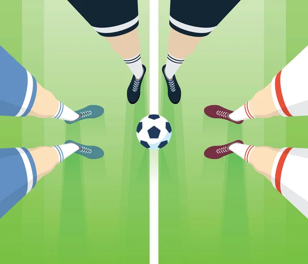 Voetbal / voetbalveld met spelers bezinksel In de laarzen. Scheidsrechter met twee spelers bovenaanzicht. Lange perspectief. — Stockvector