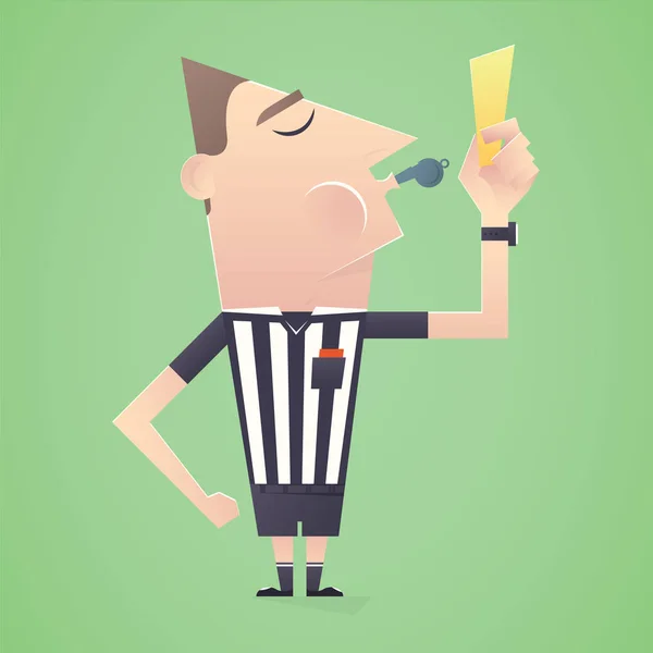 Calcio / arbitro di calcio Visualizza cartellino giallo e soffia in fischietto . — Vettoriale Stock