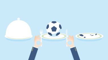 Afiyet olsun! Futbol / futbol konsept illüstrasyon plaka üzerinde topu ile kapalı yemek ve boş tabak.