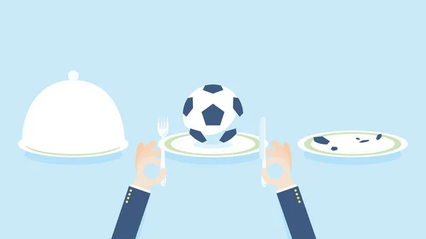 Bon appétit ! Illustration de concept de football / football avec ballon sur l'assiette, plat fermé et plat vide . — Image vectorielle