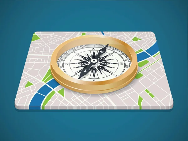 城市地图上的铜 ompass。平面行程等距图标. — 图库矢量图片