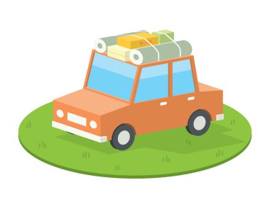 Yaz seyahat araba ayaklıklı çatı üzerinde birçok Bagaj yeşil sahada