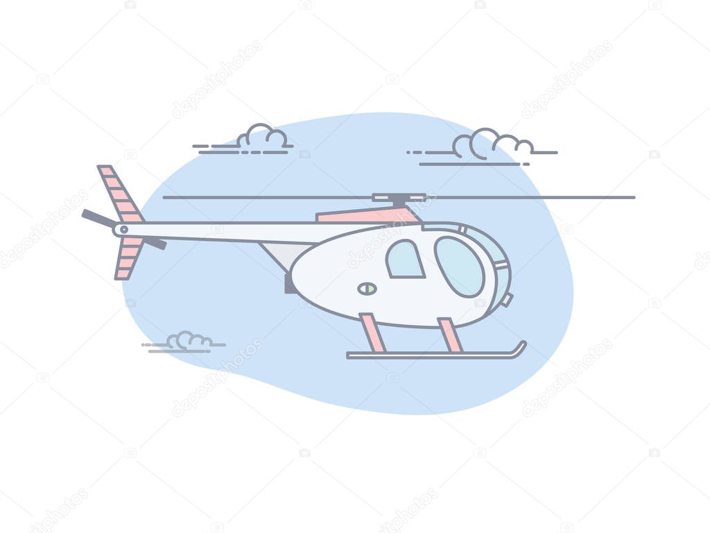 Helicopter Flying In Blue Sky With Clouds.