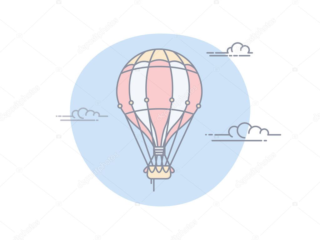 White-Red Balloon Flying In Blue Sky With Clouds.