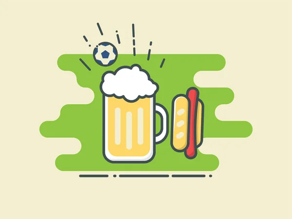 Futebol / futebol vidro de cerveja e cachorro quente no campo verde estilizado com bola . — Vetor de Stock