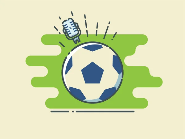 Pelota de fútbol / fútbol en el campo verde estilizado con micrófono. Radiodifusión deportiva . — Archivo Imágenes Vectoriales